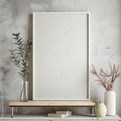 A1 Frame mockup, blank poster , in a living room, natural lighting, wide angle lens, form an angle, soft tones, elegant decoration