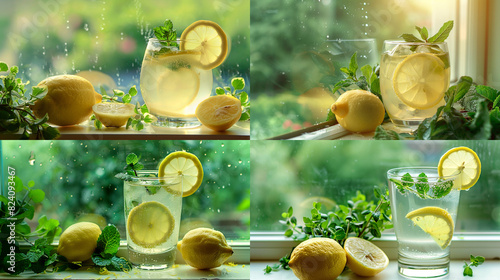 A chilled glass of homemade lemonade with a sprig of mint and a slice of lemon, on a windowsill overlooking a summer garden.