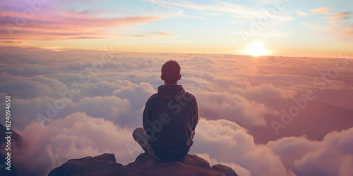 An individual sits contemplating on a cliff's edge, gazing at a sunset above the cloud level with a sense of peace