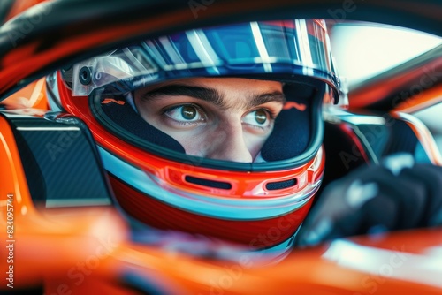 The picture of the formula one or f1 racer wearing the helmet for protection, the racing driver is focusing on the race track, the racer require skill like the concentration and driving skill. AIG43.