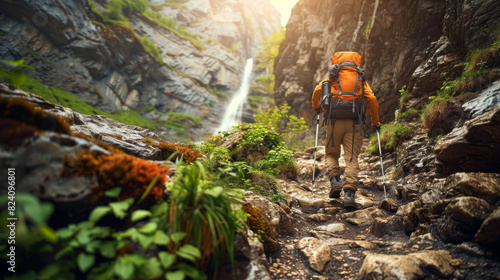 A lone hiker with backpack trekking along a rocky mountain trail near a waterfall in a lush environment.