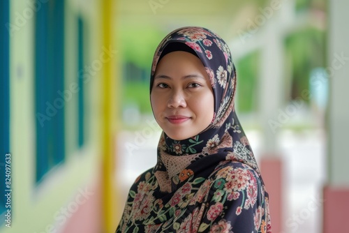 Humble Beauty malay muslim teacher. Islamic girl face with arab hijab. Generate Ai