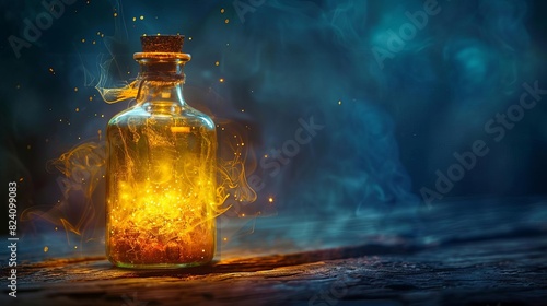 Describe an alchemist successfully creating an elixir of life, with the potion glowing brightly in a glass vial, Close up