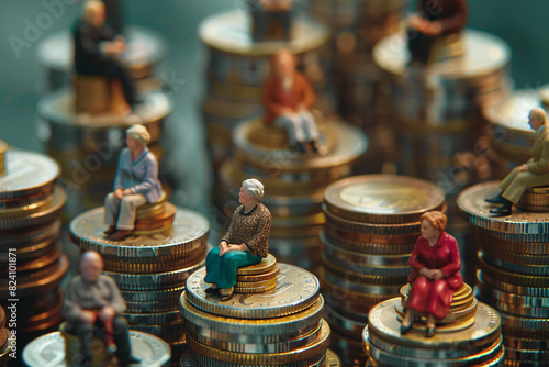 Tiny figurines of elderly people sitting on stacks if coins, retirement funds, and investment concept