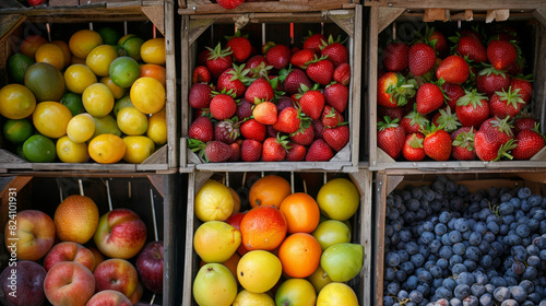 Assorted fresh fruits displayed in wooden crates at a market, featuring strawberries, lemons, and blueberries.