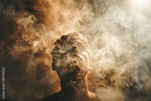 A person engulfed in a haze of incense smoke lost in the depths of an inner journey towards enlightenment and spiritual awakening