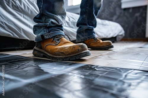 A person in work boots rolling out a large sheet of vinyl flooring in a bedroom carefully smoothing out any air bubbles