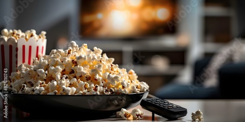 Table basse avec télécommande télé et popcorn pour une soirée cinéma à la maison. Concept Home Cinema, Movie Night, Popcorn, Remote Control, Coffee Table
