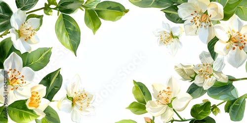 Watercolor clipart with jasmine flowers leaves frame for wedding stationery. Concept Wedding stationery, Watercolor clipart, Jasmine flowers, Leaves frame