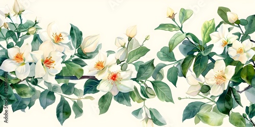 Watercolor painting of jasmine flowers in a botanical corner border design. Concept Botanical Illustration, Watercolor Painting, Jasmine Flowers, Corner Border Design