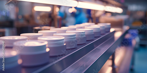Modern purple cosmetic cream jars moving on a conveyer belt in an industrial manufacturing setting, themes of beauty and skincare products.