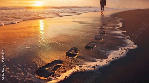 A person standing on a beach with their footprints leaving impressions in the sand. The footprints gradually change into abstract shapes representing the merging of the outer