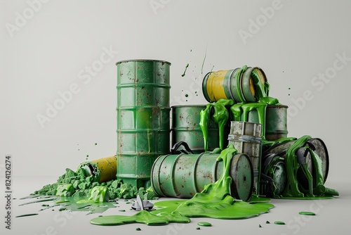 A pile of radioactive waste on a white background, with toxic green liquid oozing out of barrels and pipes