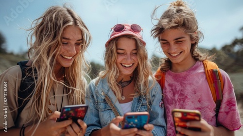 Three young women are smiling and looking at their cell phones