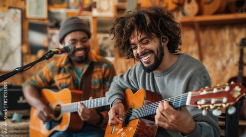 Two men happily playing guitars and singing into a microphone