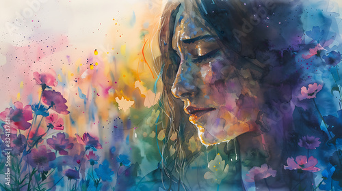 A watercolor painting of a woman crying, her face turned slightly to the side, eyes closed, tears blending with the paint