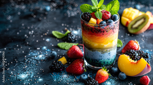 A vibrant smoothie with rainbow layers of fruit and berry puree, topped with fresh fruit