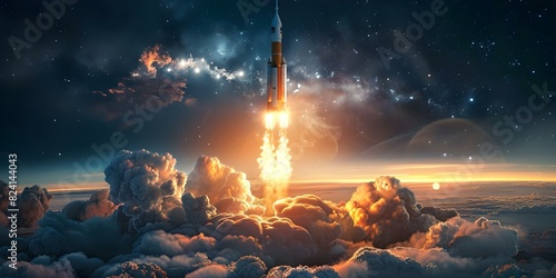 Rocket launching into space traveling to Mars with smoke blasting off. Concept Space Travel, Rocket Launch, Mars Exploration, Smoke Clouds, Adventure Discovery