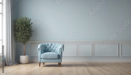 Interior home of living room with blue armchair on white wall copy space, hardwood floor