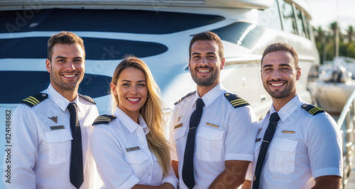 Confident crew posing in front of luxury yacht