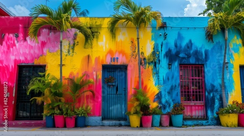 A Colorful Mural Of Blue, Yellow, Pink, And Green Adorns The Exterior Of A Building In Wynwood, Miami.