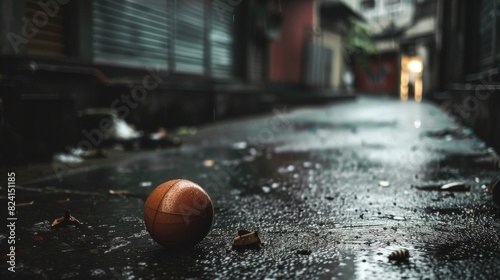 A forgotten basketball lies on the wet asphalt, adding a sense of abandonment in the rain.