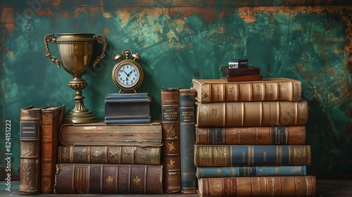 A stack of books, a trophy, and a pocket watch are arranged in front of a green wall.