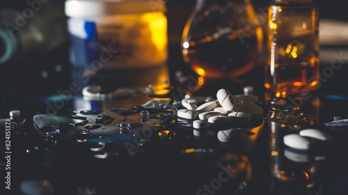 Pills are elegantly strewn next to overturned medical bottles on a reflective dark backdrop, hinting at urgent healthcare themes.