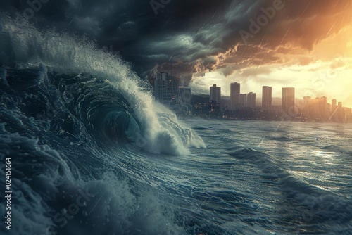giant tsunami wave engulfing coastal city natural disaster and catastrophe concept dramatic 3d illustration