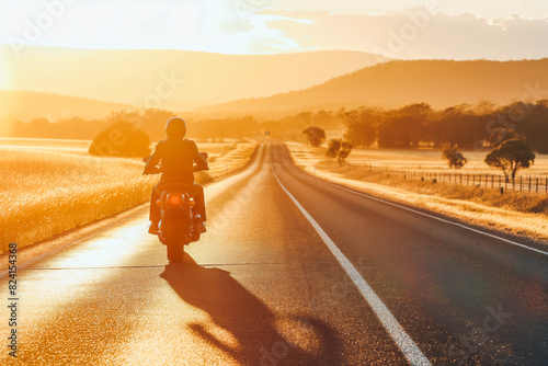 An Indigenous Australian motorcyclist cruises down a deserted highway on a powerful motorbike, with the last rays of the sun stretching long shadows on the road.