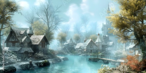 A quaint medieval fantasy village in a fantastical medieval world. Concept Medieval Fantasy, Quaint Village, Fantastical World, Storybook Setting, Magical Atmosphere