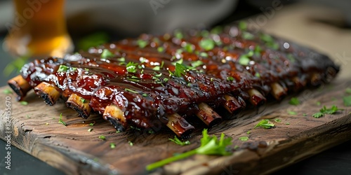 Close-up of BBQ pork ribs glazed with honey - a perfect snack to pair with beer. Concept Food Photography, BBQ Ribs, Honey Glaze, Beer Pairing, Snack Recipe