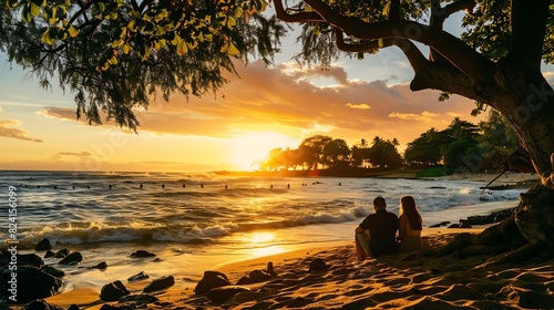 A couple is sitting on the beach watching the sunset. The sun is setting over the ocean, and the waves are crashing on the shore.