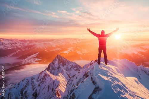 Determined athlete conquering mountain summit at sunrise, celebrating achievement with outstretched arms.