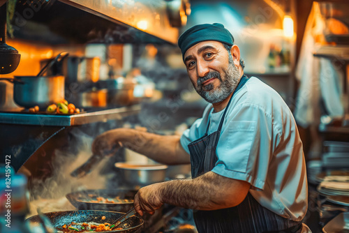 Explore the culinary world with a focused Middle Eastern chef in his 40s, cooking with passion in the soft glow of sunrise, elevating culinary creations with every dish.