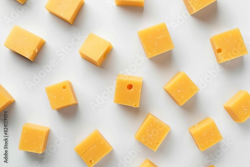 golden cheddar cheese cubes neatly arranged on a white background top view food photography