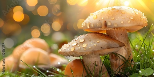 Close-up of wild mushrooms on grass with dew drops in sunlight. Concept Nature, Macro Photography, Wild Mushrooms, Dew Drops, Sunlight