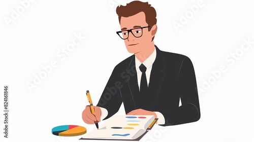 Accountant in suit flat design side view corporate theme cartoon drawing Tetradic color scheme