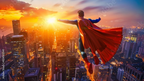 Heroic superhero overlooking cityscape at sunset