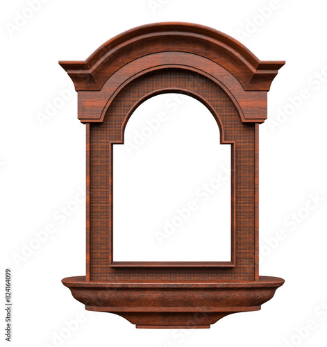 Dark Wooden Arched Window with Classic and Textured Design in 3d realistic render with transparent background