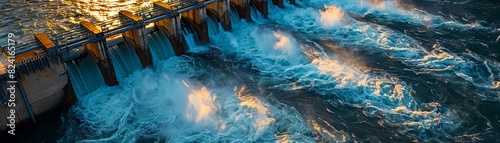 Aerial view of water flowing through a hydroelectric dam at sunset, capturing the dynamic interplay of light and energy.