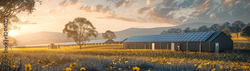 Beautiful rural landscape with a barn, solar panels, and wildflowers under a stunning sunset sky. Ideal for eco-friendly and sustainable themes.