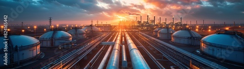 Industrial refinery complex at sunrise with pipelines and storage tanks against a vibrant sky, showcasing energy production infrastructure.