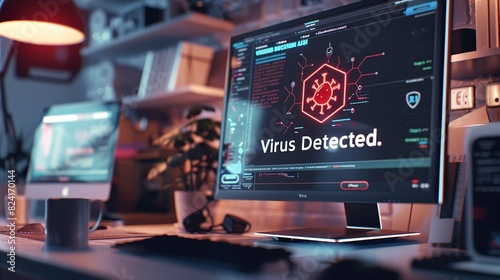 A desktop monitor displays a severe warning message, "Virus Detected" made with Ai generative technology