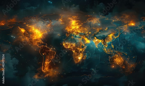 A world map with glowing hotspots of pandemic, Glowing Wireframe, SciFi Style, Dark Background, Illustration, Highlighting critical areas