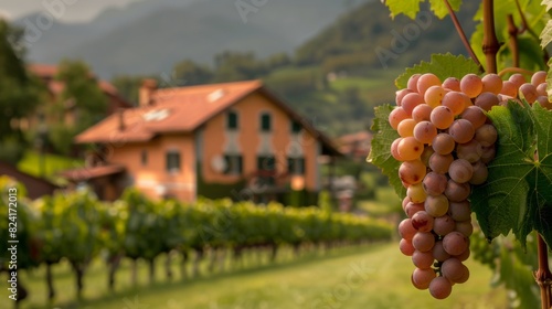 Close-up of ripe grapes on the vine with a vineyard farmhouse in the background at sunset, creating a warm and inviting atmosphere. Perfect for themes related to vineyards, nature and rustic living