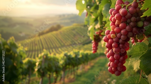 Close-up of ripe grapes on the vine with a vineyard farmhouse in the background at sunset, creating a warm and inviting atmosphere. Perfect for themes related to vineyards, nature and rustic living