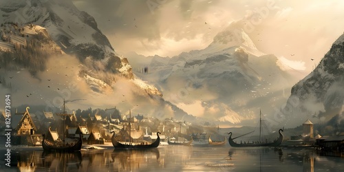 Experience Nordic Viking village with fearless warriors majestic longships and snowy mountains. Concept Nordic Viking Village, Fearless Warriors, Majestic Longships, Snowy Mountains