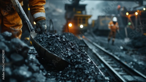 A group of miners using shovels to gather and load coal into carts.