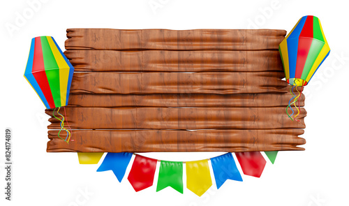 Wooden frame with flags and balloon for Festa Junina in Brazil in 3d render with transparent background